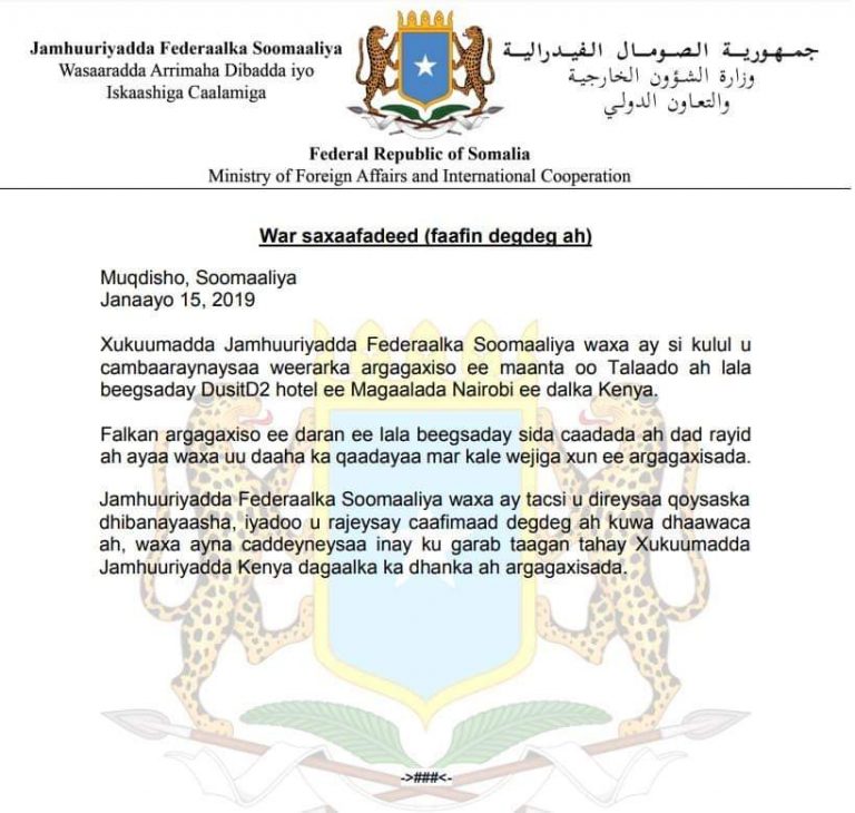 Dowladda Soomaaliya oo si kulul u cambaaraysay weerarkii argagaxiso ee Nairobi