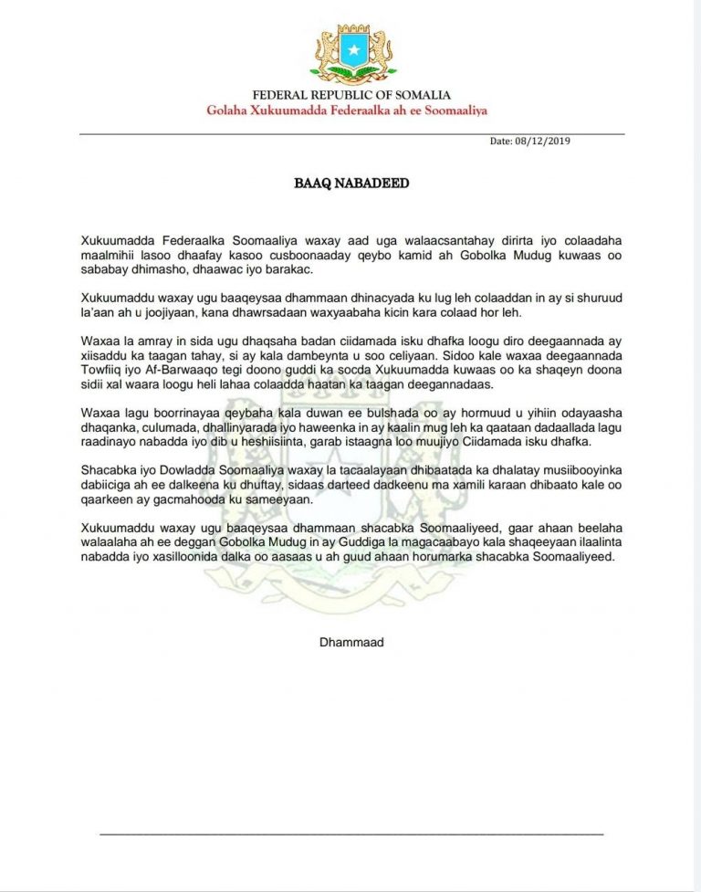 Xukuumadda FS oo ku baaqday in la joojiyo colaadda gobolka Mudug.