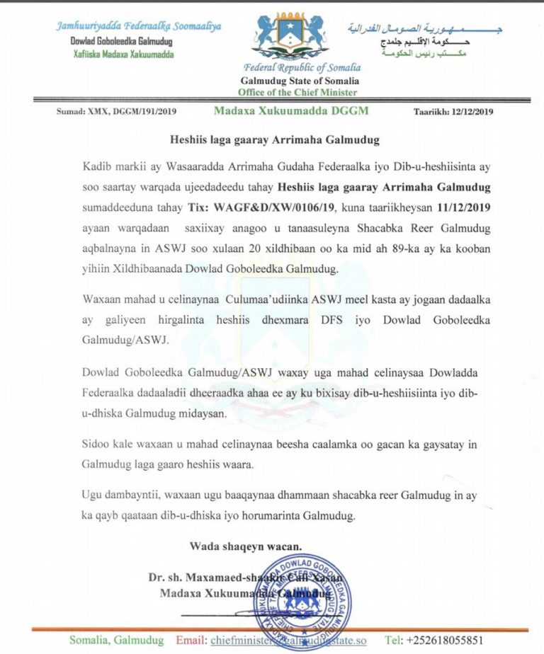 Hogaanka Ahlu sunna oo soo dhoweeyay heshiiska laga gaaray dhismaha Galmudug.
