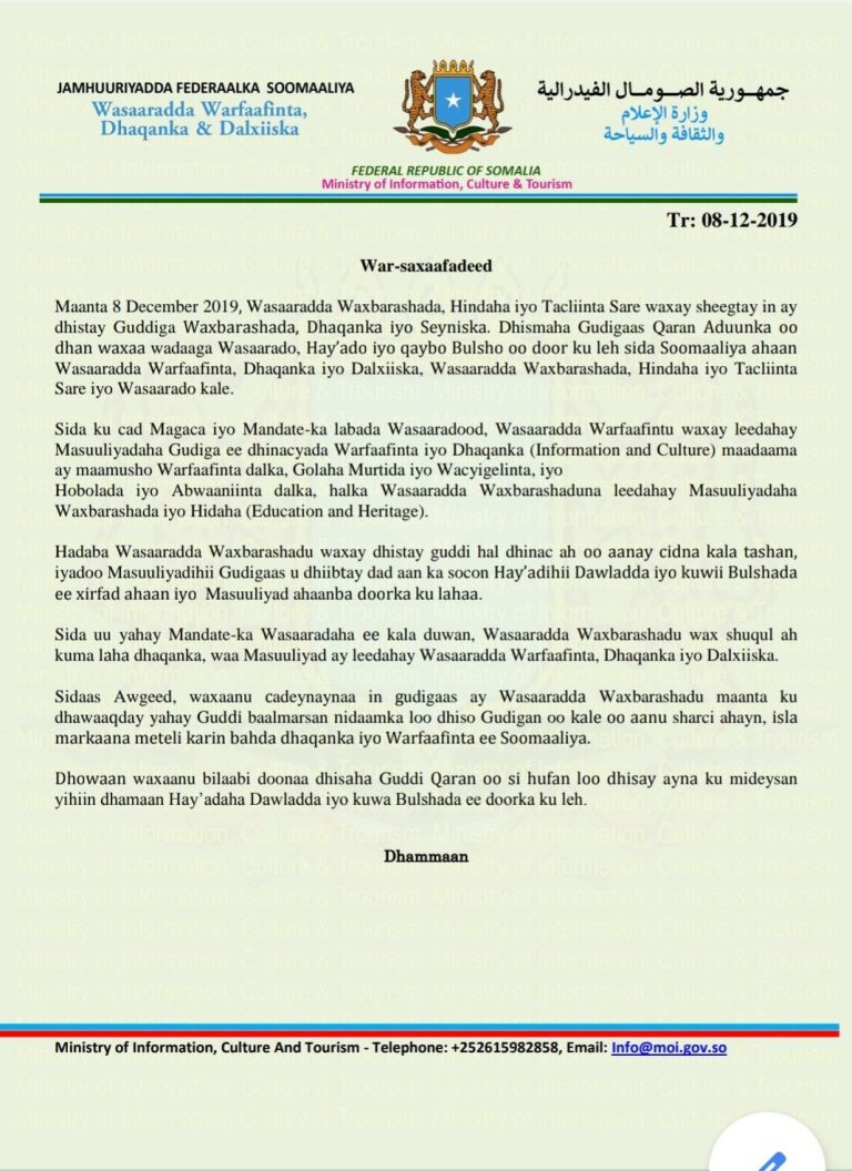 Wasaaradda Warfaafinta Dhaqanka iyo Dalxiiska XFS ayaa u xilsaaran Dhaqanka.{Warsaxaafadeed}