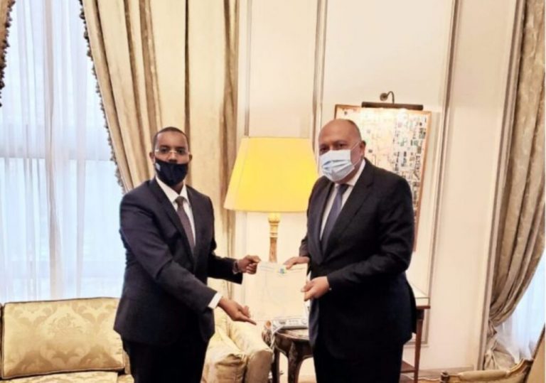 Wasiirka Arrimaha Dibada Masar oo  warqadaha aqoonsiga ka guddoom  Danjire Ilyaas Sheekh Cumar.