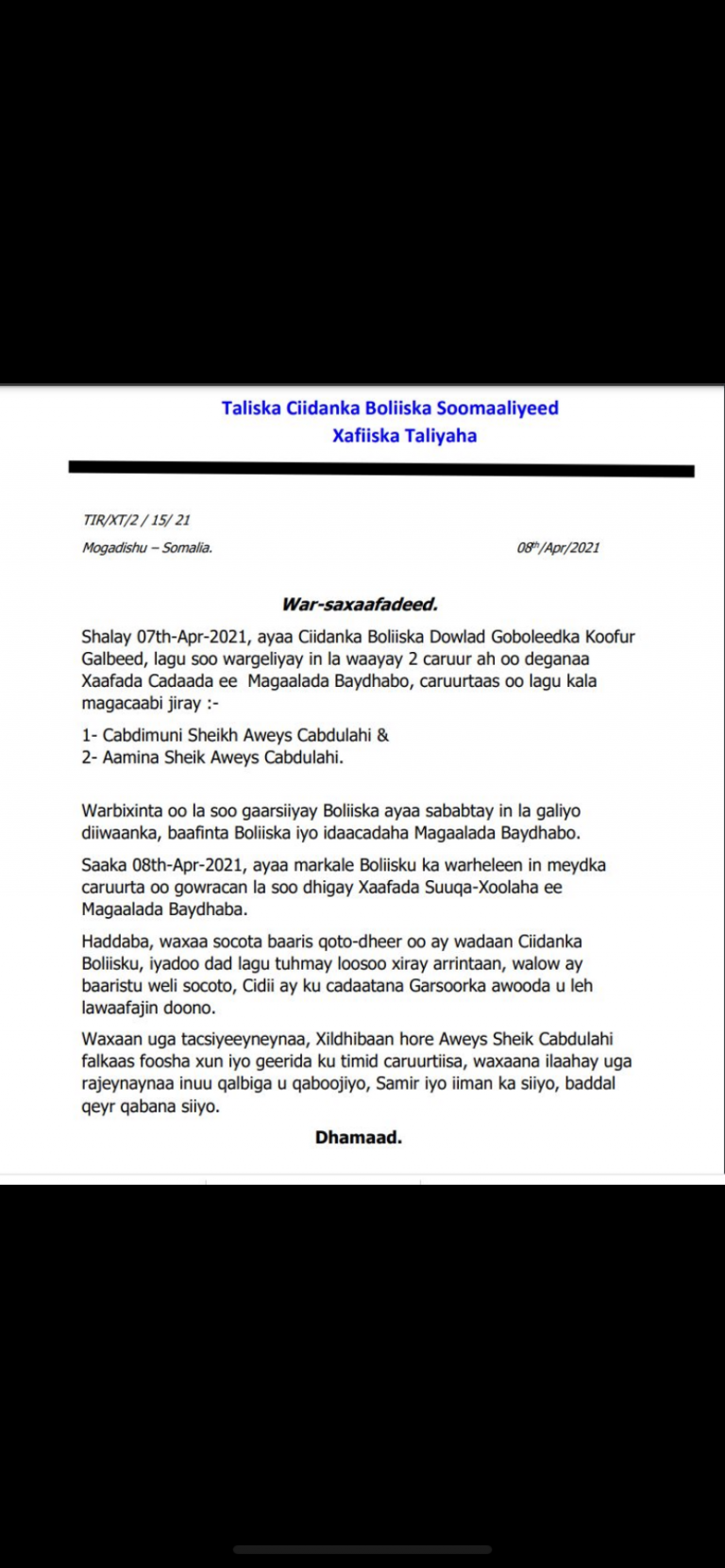 Police arrested suspects on the killing of young siblings in Baidoa