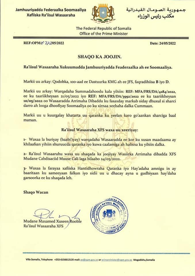 DEG-DEG:Ra’iisal wasaare Rooble oo  shaqada ka joojiyay wasiirka arrimaha debadda Cabdisaciid Muuse Cali .