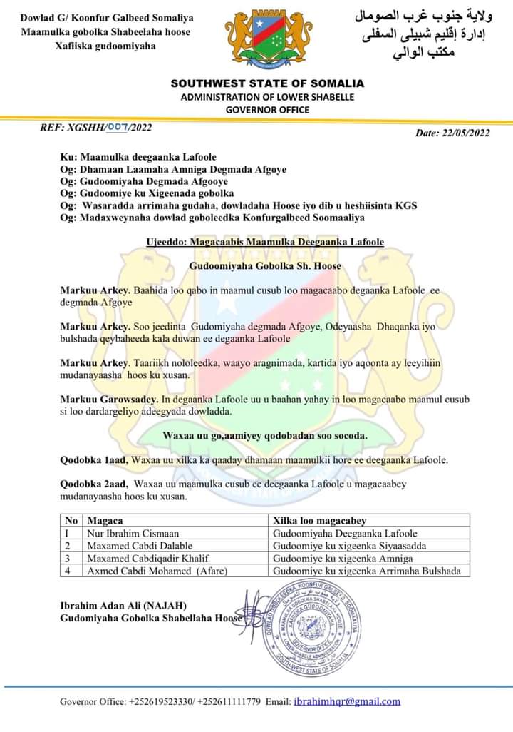 AKHRISO:Maamul cusub oo loo magacaabay Deegaanka Lafoole  ee gobolka shabeelada hoose.