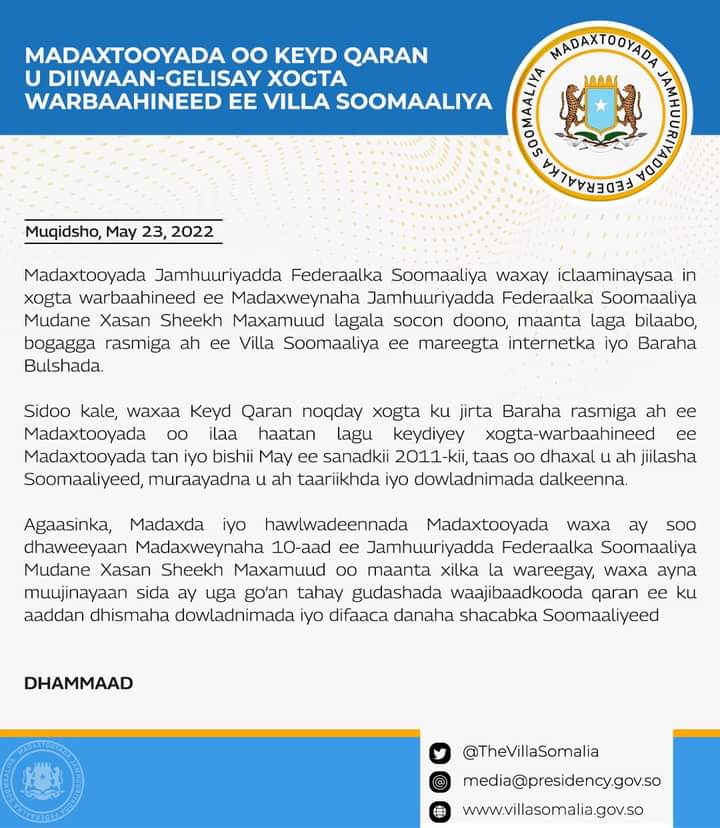 MADAXTOOYADA OO KEYD QARAN U DIIWAAN-GELISAY XOGTA WARBAAHINEED EE VILLA SOOMAALIYA.