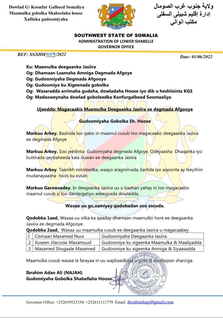 AKHRISO:Guddoomiyaha Gobolka Shabeelada Hoose oo Maamul cusub u Magacaabay Deegaan Xebeedka Jasiira.