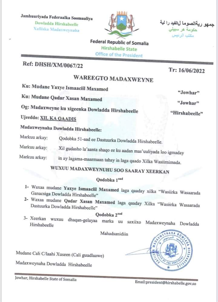 DEG:DEG-:Madaxweynaha Hiirshabelle oo xilalkii ka qaaday Wasiiro katirsan maamulkaas.