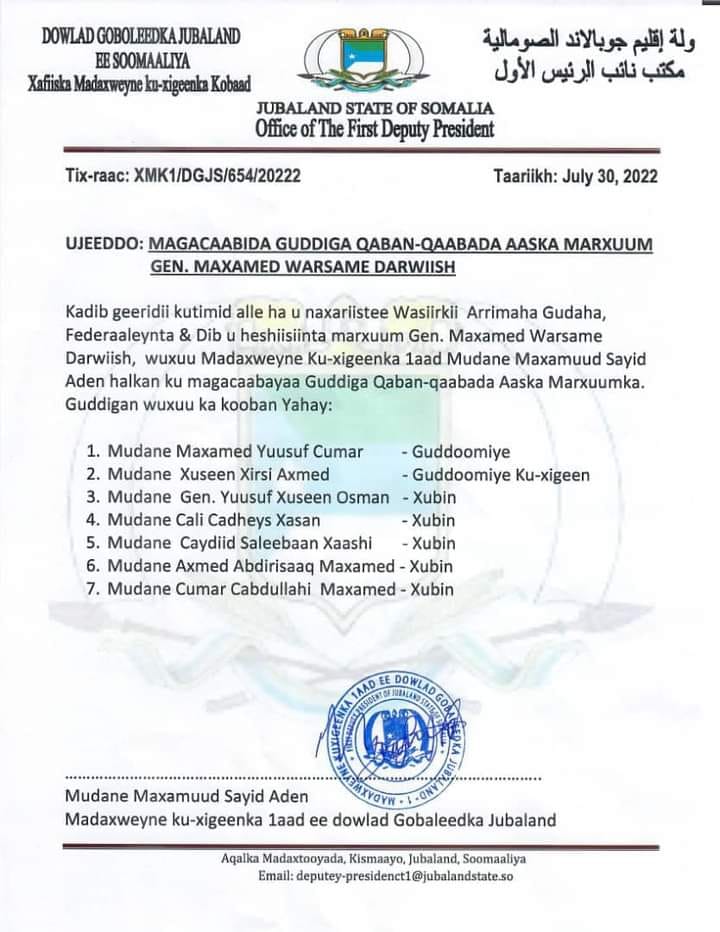 Jubbaland oo magacowday guddiga qaban qaabada aaska Alle ha u naxariistee Wasiirkii arimaha Gudaha maamulkaas oo shalay geriyooday
