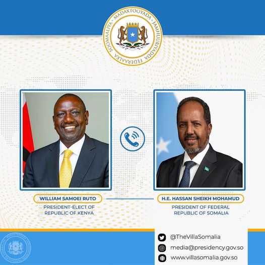 Madaxweyne Xasan Sheekh oo khadka taleefanka kula xiriiray Madaxweynaha la doortay ee dalka Kenya Mudane William Samoei Ruto