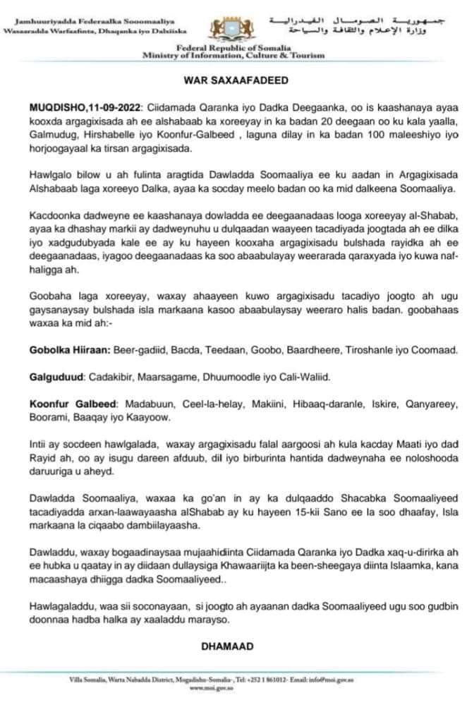 Boqol ka tirsan Al shabaab oo isugu jira horjoogayaal iyo maleeshiyaad oo lagu dilay dagaaladii todobaadkaan ka dhacay deegaanada Hirshabeelle, Galmudug iyo Koofur Galbeed