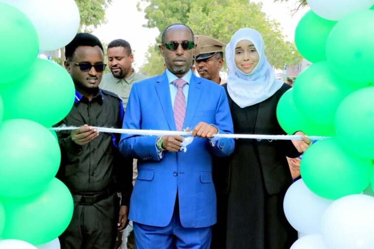 Guddoomiyaha Gobolka Banaadir oo xariga ka jaray dhismaha Wadda Interlock ah oo laga hirgaliyay Degmada Warta Nabadda.