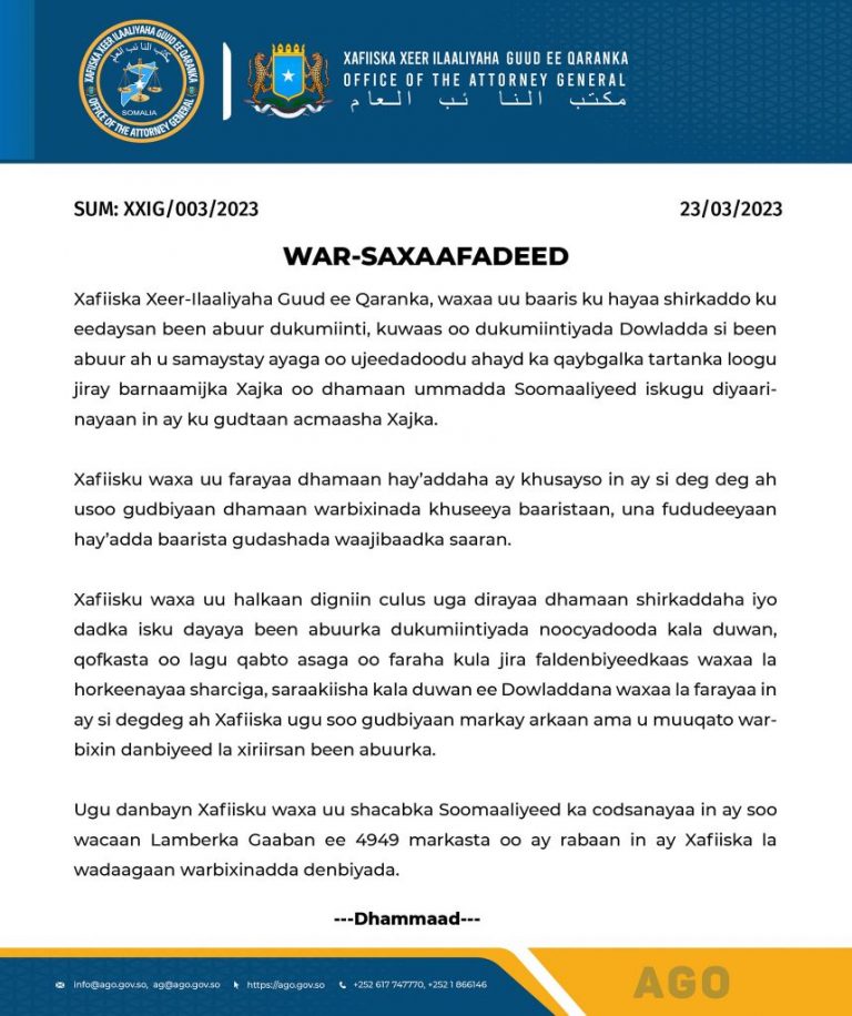 Xafiiska xeer ilaaliyaha guud ee Qaranka oo digniin u diray shirkaddo iyo dad isku dayay isticmaalka Dukumiintiyada been abuurka ah