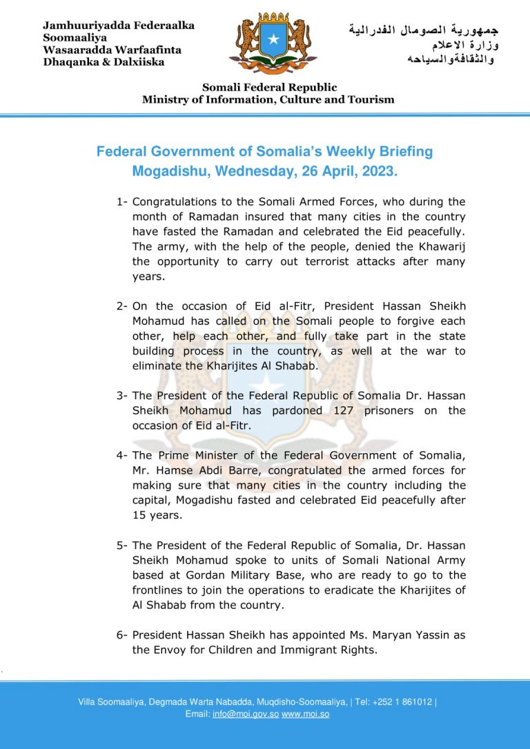 Federal Government of Somalia’s Weekly Briefing