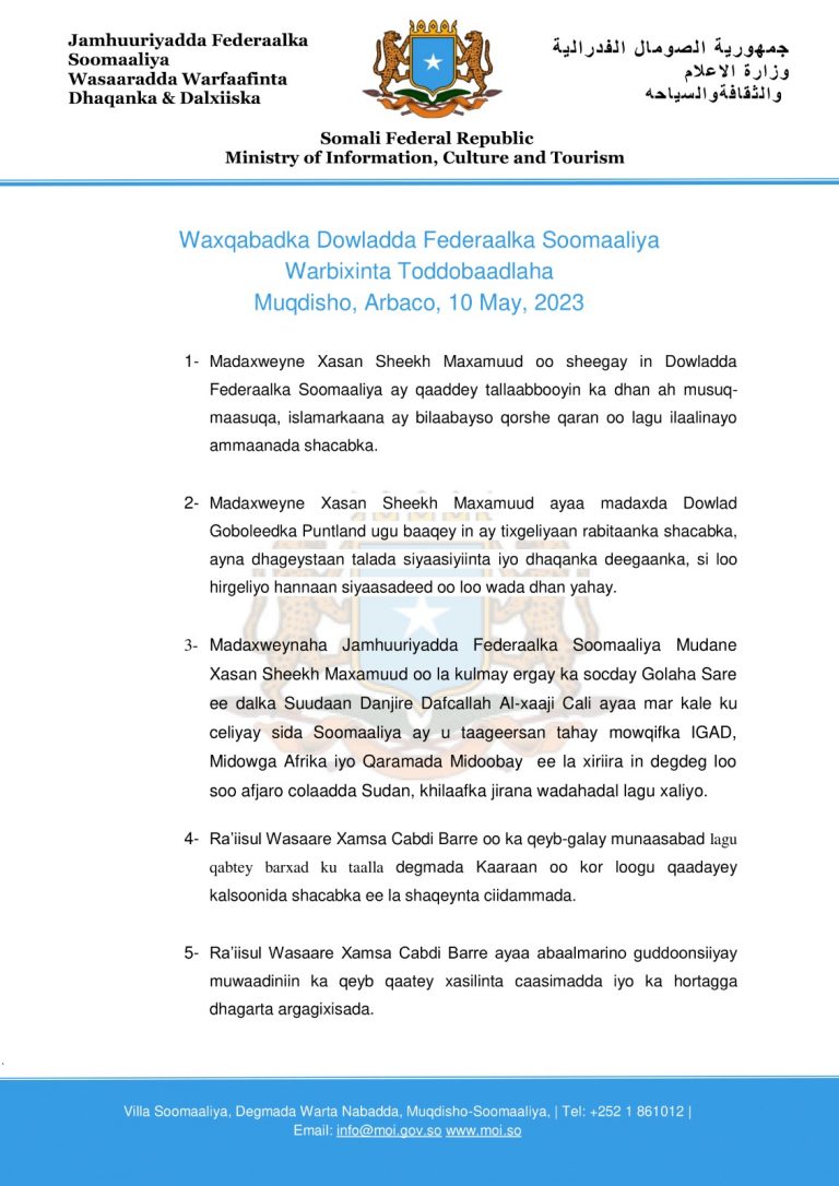 Warbixinta Toddobaadlaha ee Waxqabadka Dowladda.