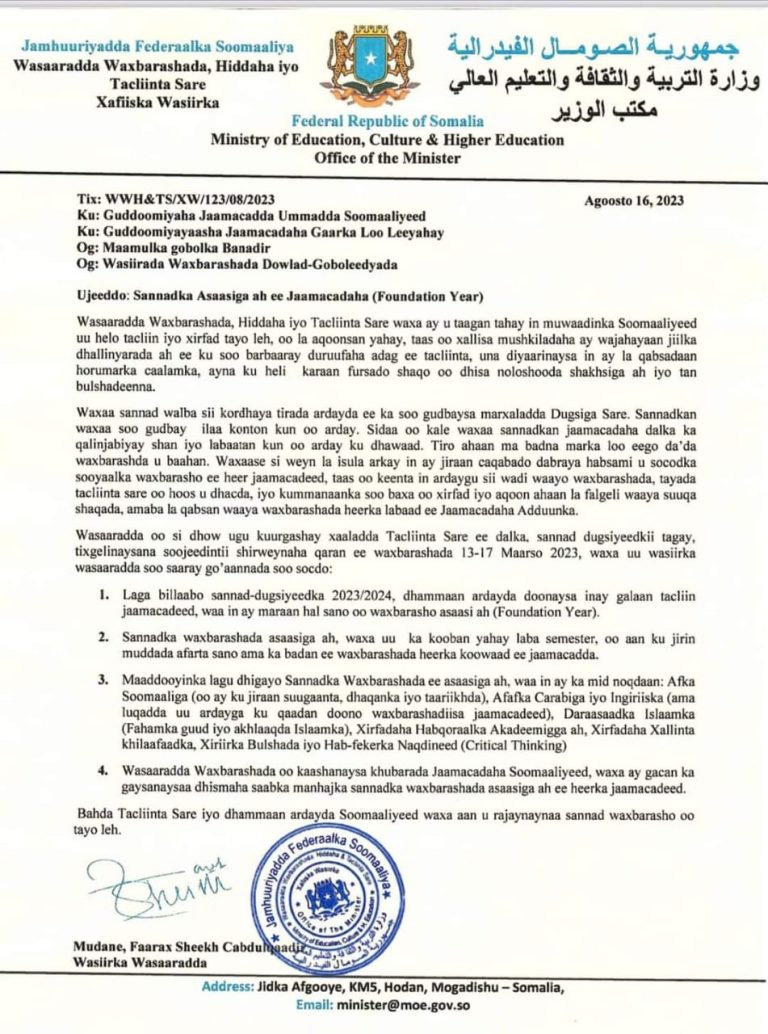 W/wabarshada oo go`aan kasoo saartey sanad dugsiyeedka 2023/2024