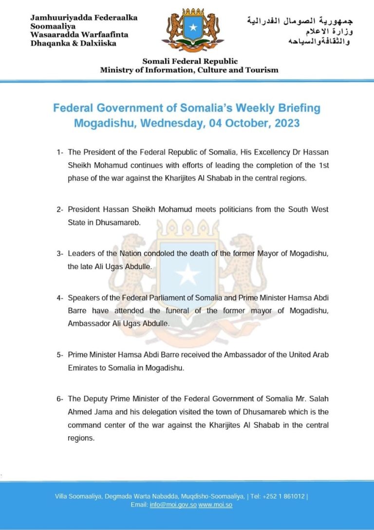 Federal Government of Somalia’s Weekly Briefing Mogadishu, Wednesday