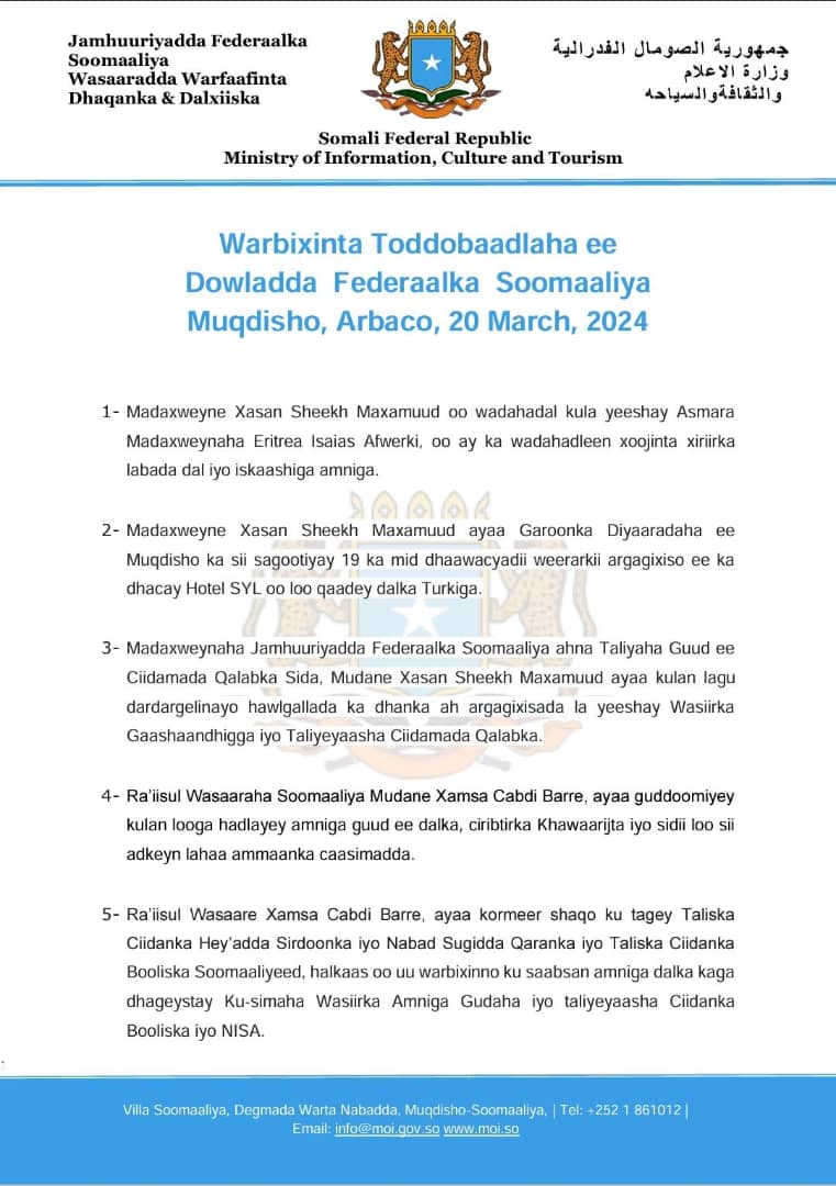 Warbixinta Toddobaadlaha ee Dowladda Federaalka Soomaaliya Muqdisho, Arbaco, 20 March, 2024