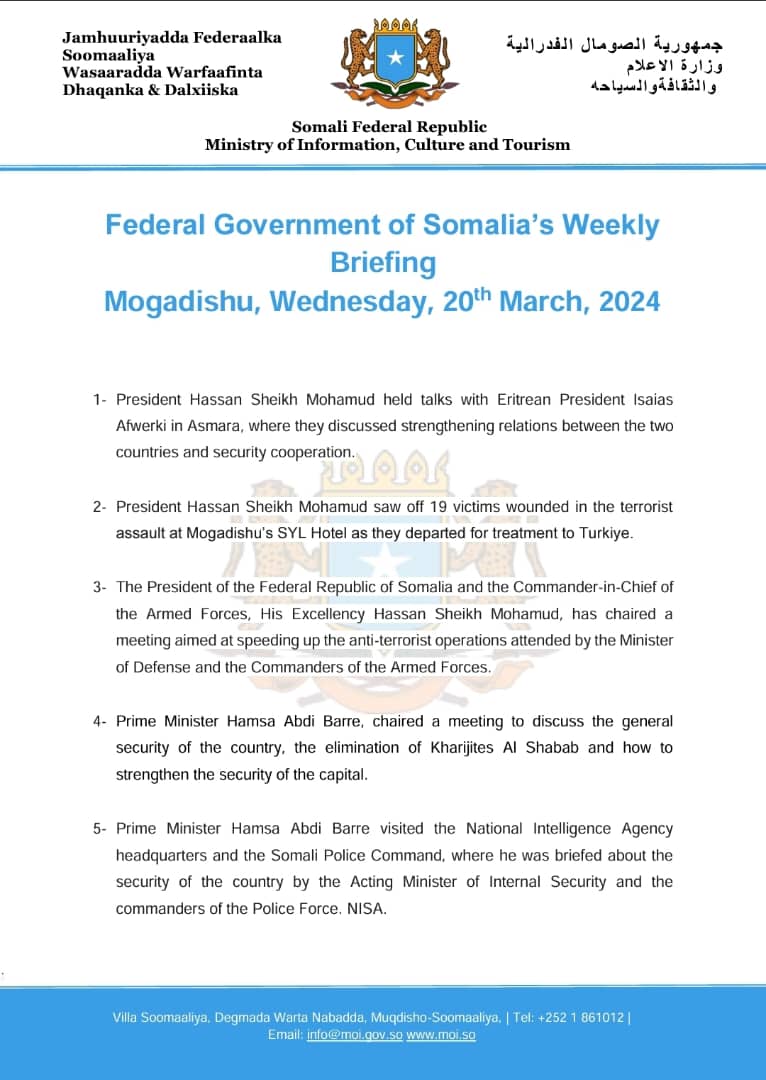 Federal Government of Somalia’s Weekly Briefing Mogadishu, Wednesday, 20th March, 2024