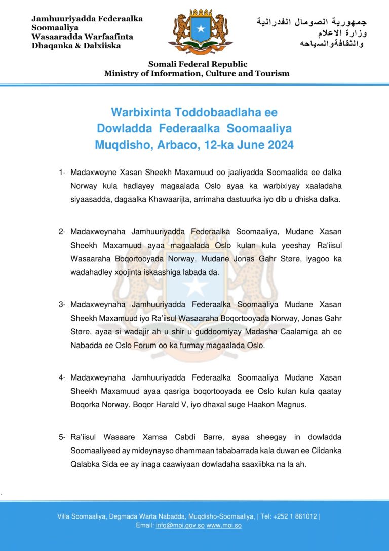 Warbixinta Toddobaadlaha ee Dowladda  Federaalka  Soomaaliya Muqdisho, Arbaco, 12-ka June 2024