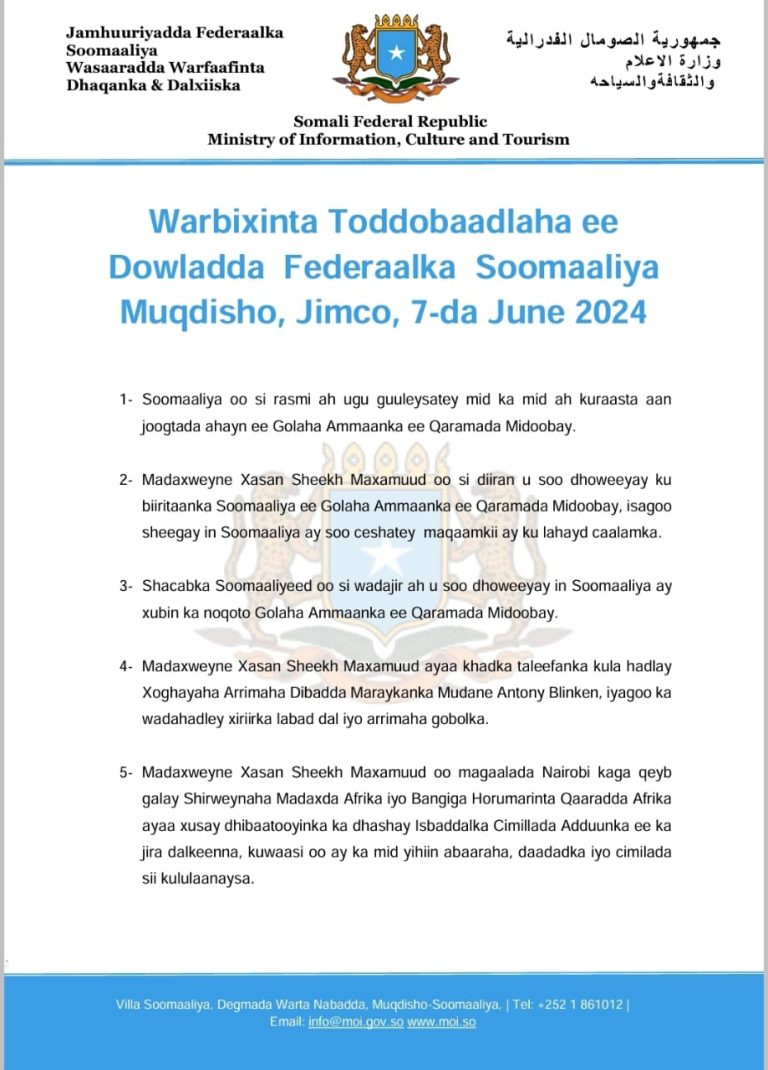 Warbixinta Toddobaadlaha ee Dowladda  Federaalka  Soomaaliya Muqdisho, Jimco, 7-da June 2024