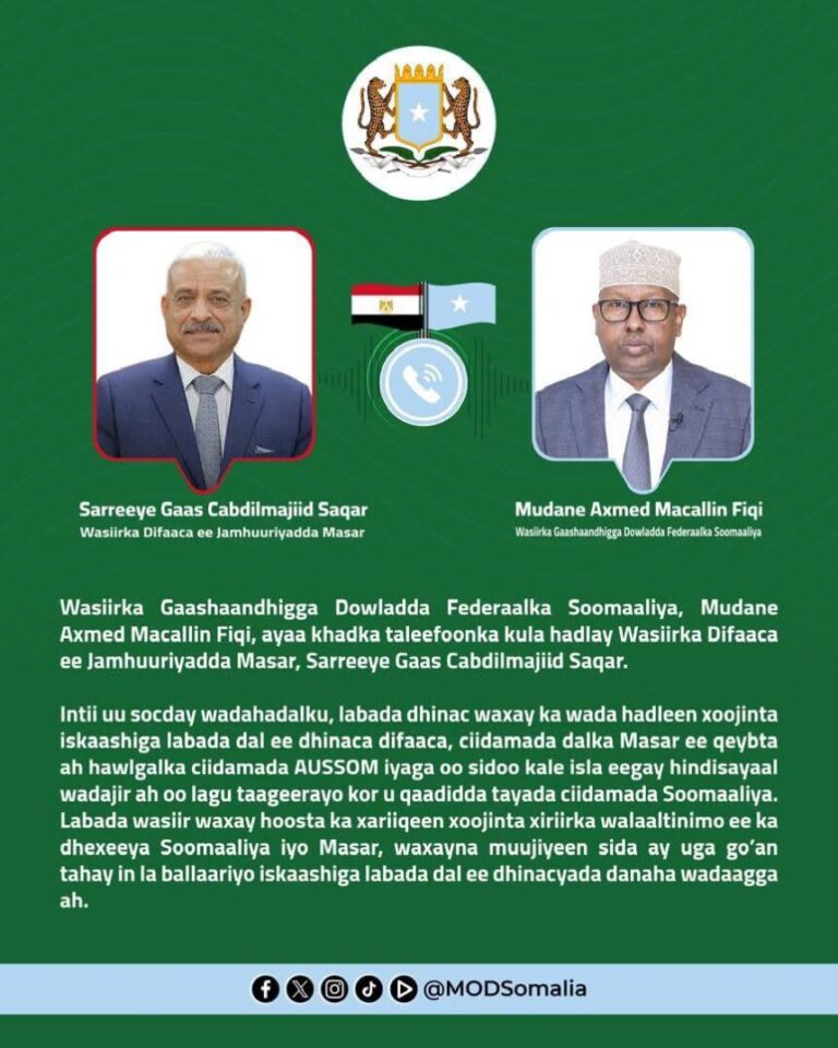 Wasiirka Gaashaandhigga oo khadka taleefoonka kula hadlay dhiggiisa dalka Masar