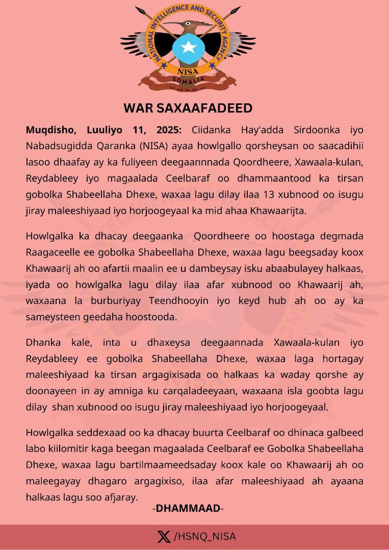 NISA oo 13 Khawaarij ah ku dishay howlgal qorsheysan oo ka dhacay Shabeellaha Dhexe