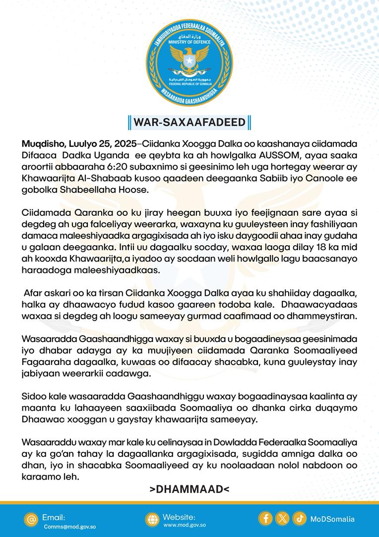 Ciidanka XDS oo fashiliyey weerar ay Khawaarijta kusoo qaadeen Sabiib iyo Canoole