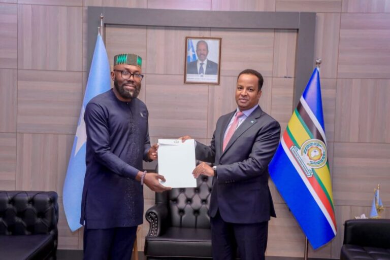 Wasiirka Arrimaha Dibadda Soomaaliya oo nuqul ka mid ah warqadaha aqoonsiga danjirannimo ka guddoomay Safiirka cusub ee Ghana