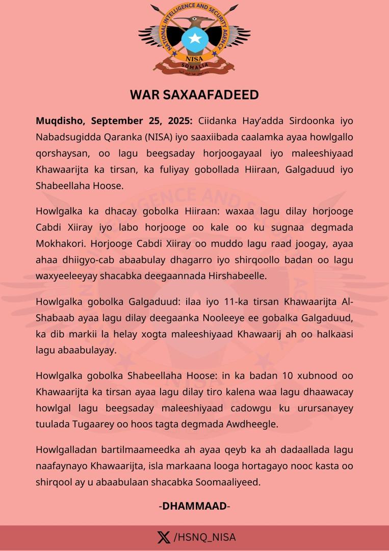 NISA iyo saaxiibadeeda oo howlgallo ka fuliyay saddex mid ah gobolada Soomaaliyaย  NISA iyo saaxiibadeeda oo howlgallo ka fuliyay saddex mid ah gobolada Soomaaliyaย