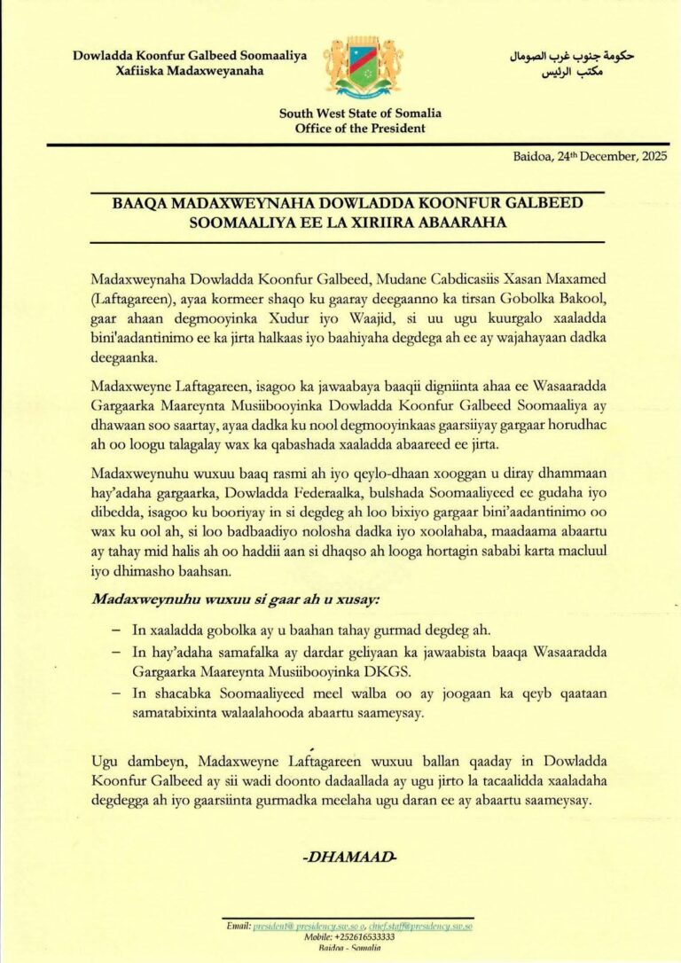 Madaxweynaha KGS oo baaq ku aadan abaaraha u diray bulashada Soomaaliyeed.