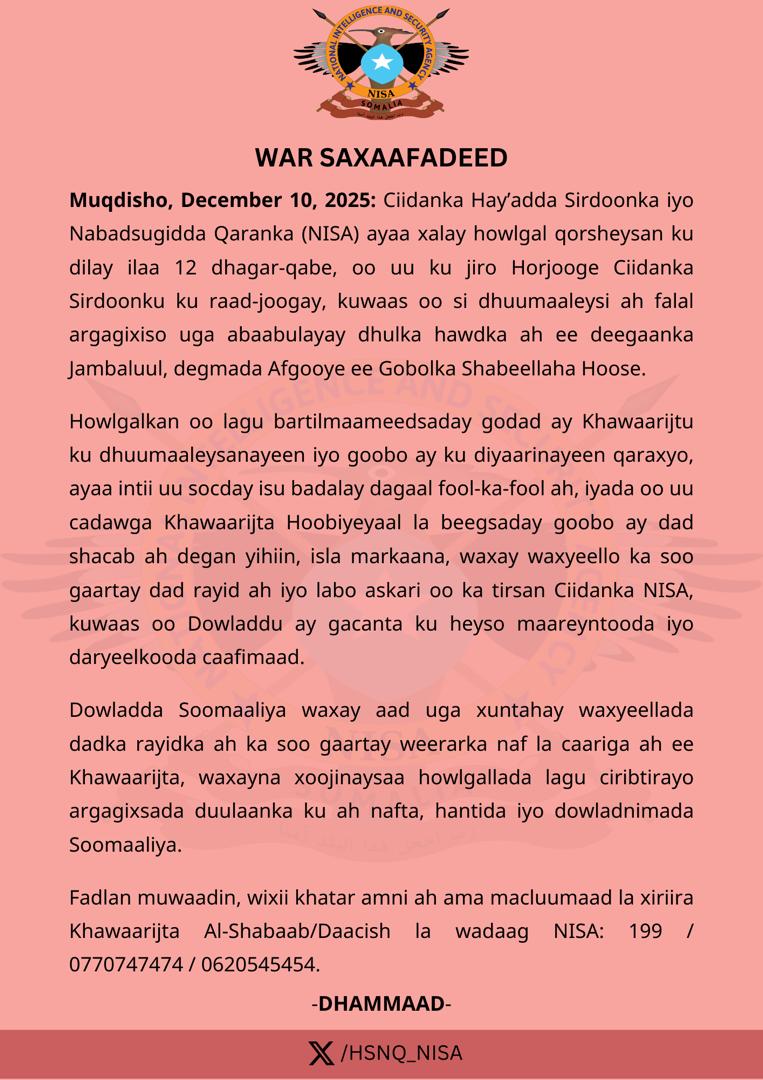 NISA oo howlgal qorsheysan ku dishay 12 dhagar-qabe.