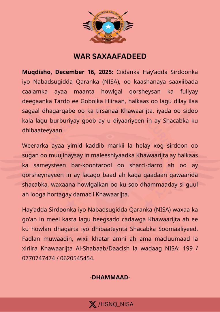 Hay’adda NISA oo howlgallo qorsheysan ka fulisay deegaanka Tardo ee Gobolka Hiiraan.