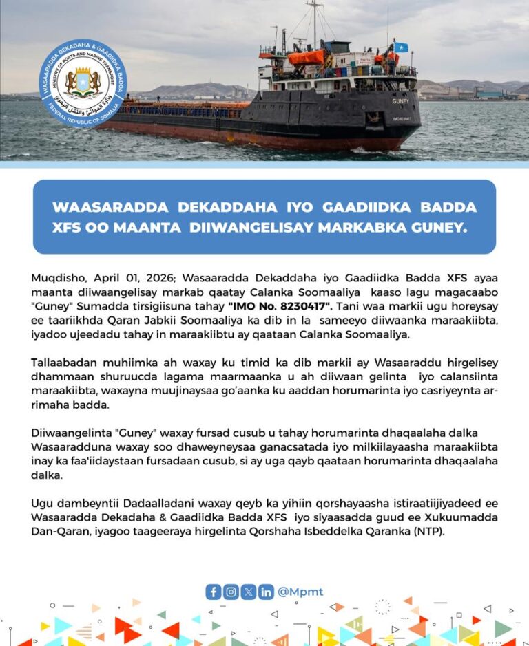 Wasaaradda Gaadiidka Badda XFS oo si rasmi ah u diiwaangelisay markab sita calanka Soomaaliya